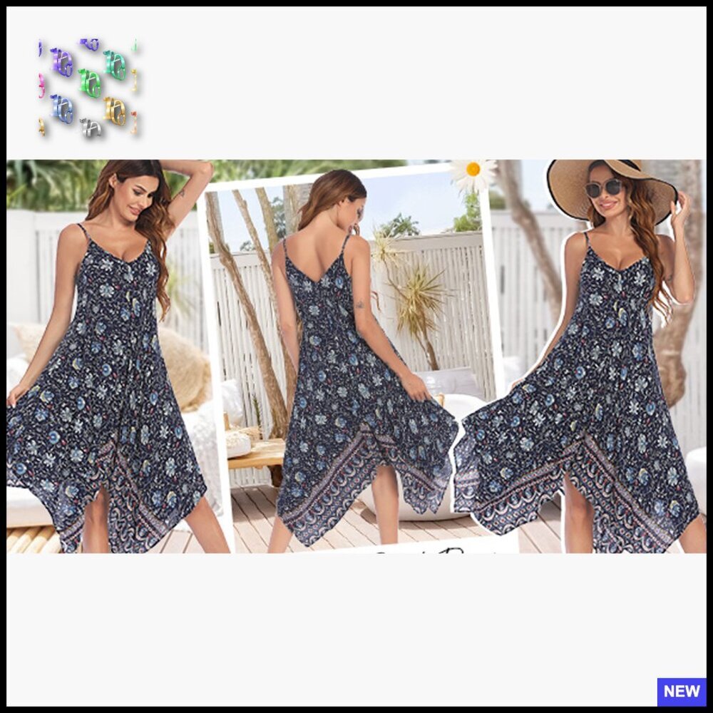 Boho Sundress Spaghetti Strap Cover Up Flowy Midi Beach Vacation Dress - Picture 7 of 7